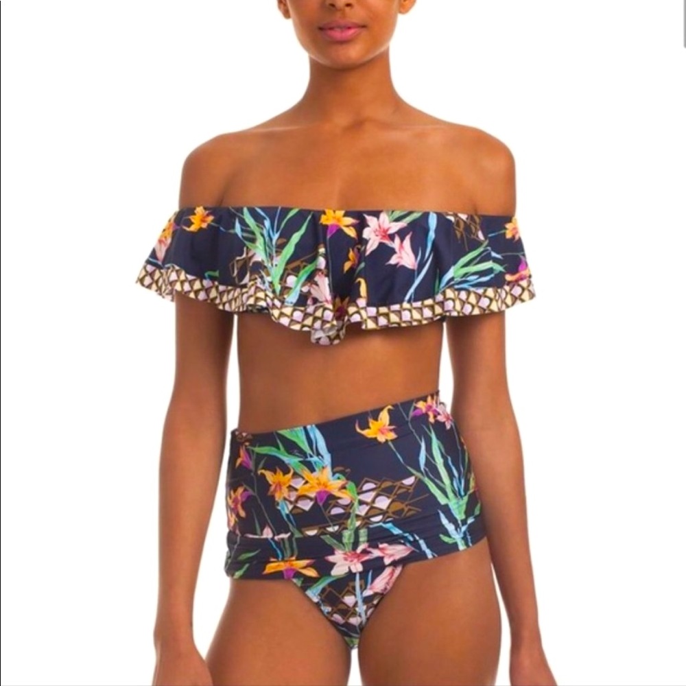 Trina Turk NWT two piece Floral off the shoulder Swim. Top SZ 14 bottom SZ 12